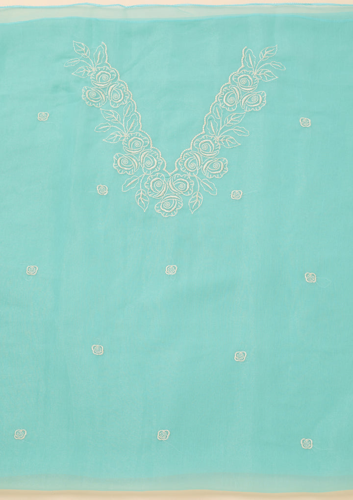 Sky Blue Tissue Threadwork Unstitched Dress Material With Matching Bottom And Dupatta