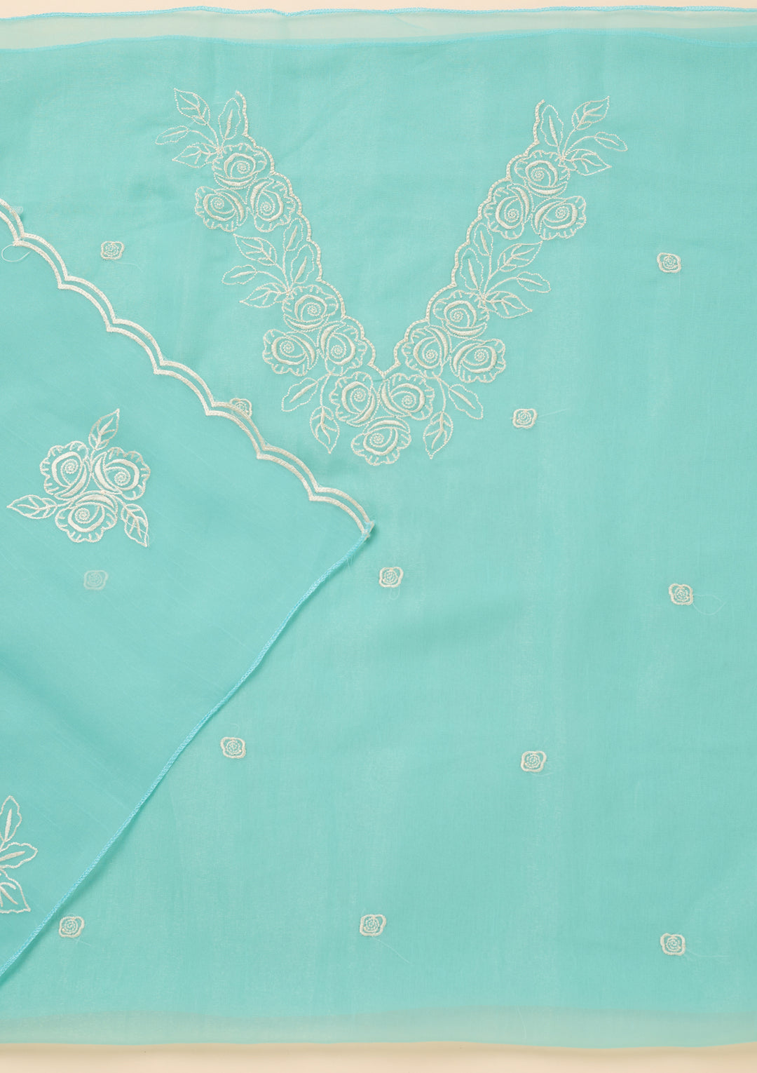 Sky Blue Tissue Threadwork Unstitched Dress Material With Matching Bottom And Dupatta