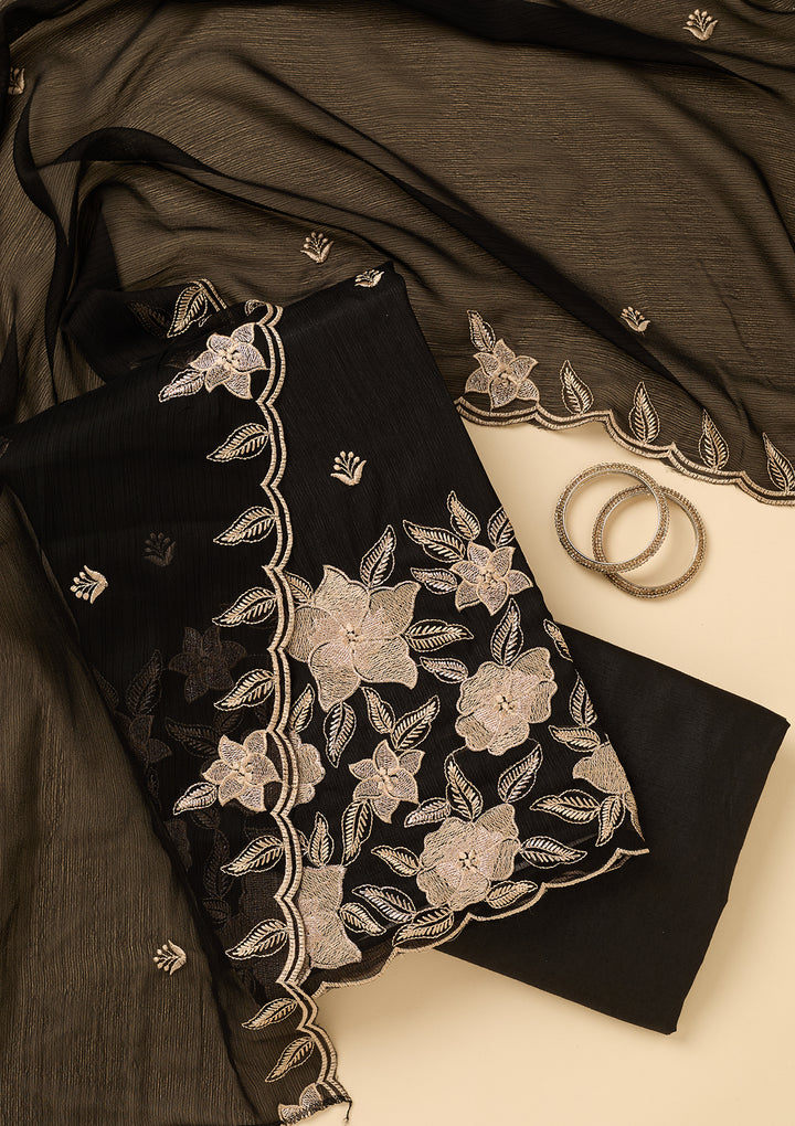 Black Chinon Threadwork Unstitched Dress Material With Matching Bottom And Dupatta