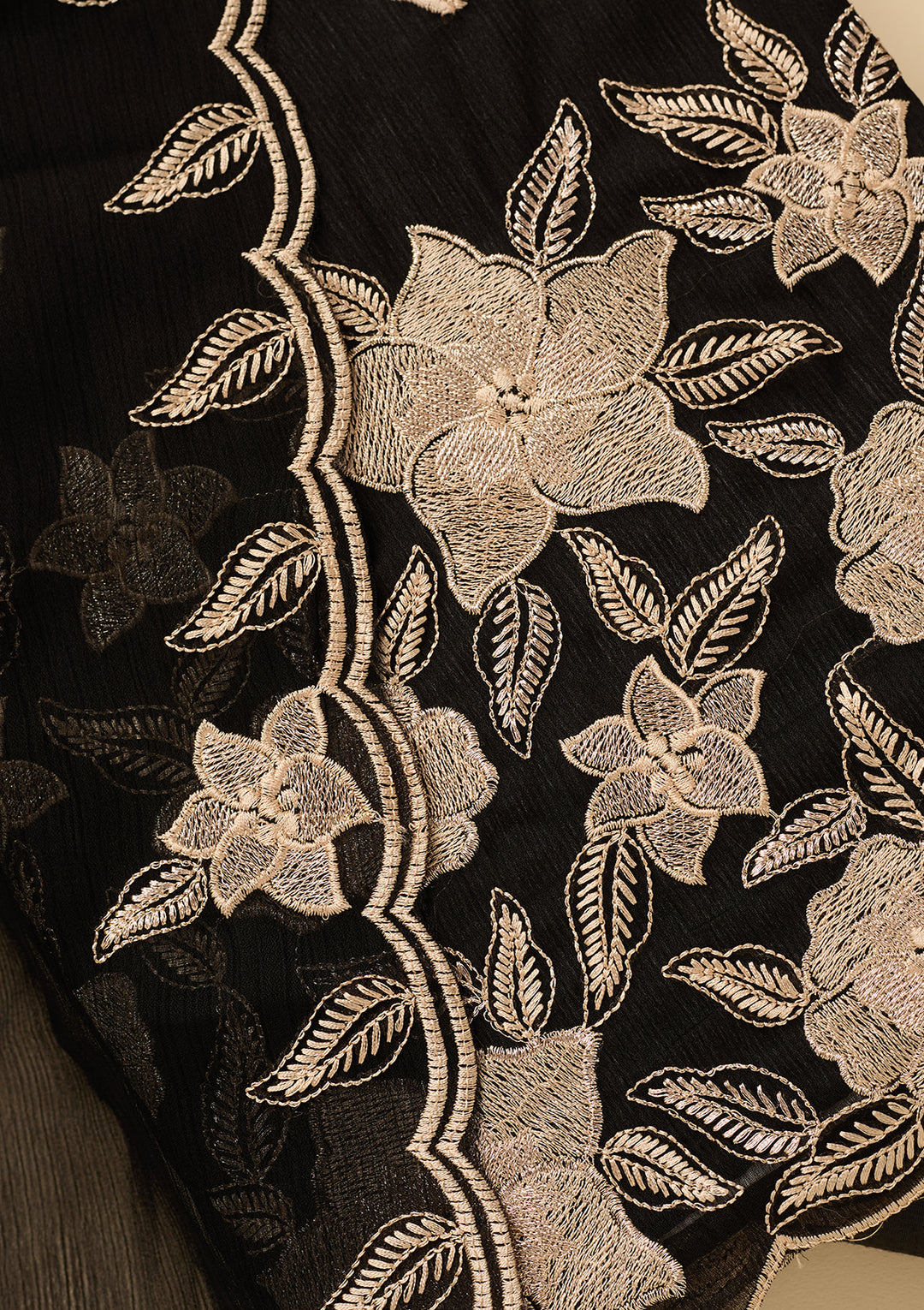 Black Chinon Threadwork Unstitched Dress Material With Matching Bottom And Dupatta