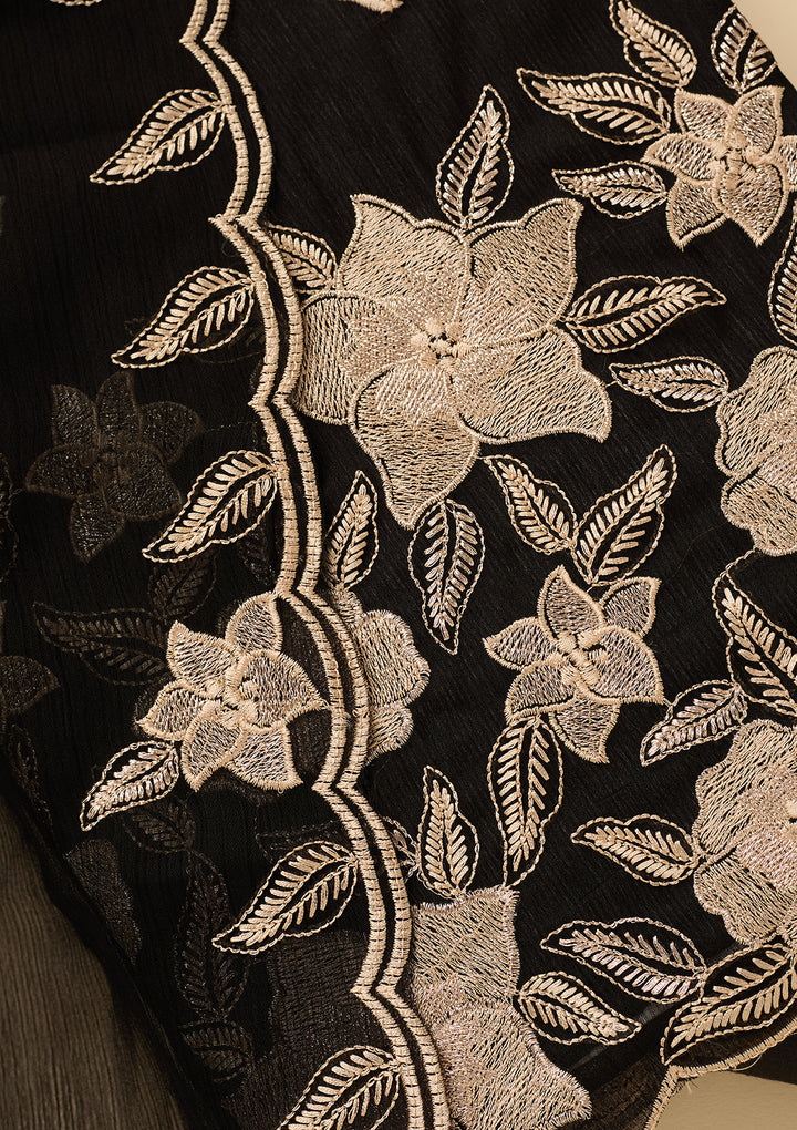 Black Chinon Threadwork Unstitched Dress Material With Matching Bottom And Dupatta