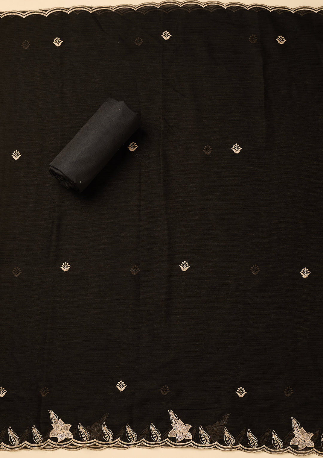 Black Chinon Threadwork Unstitched Dress Material With Matching Bottom And Dupatta