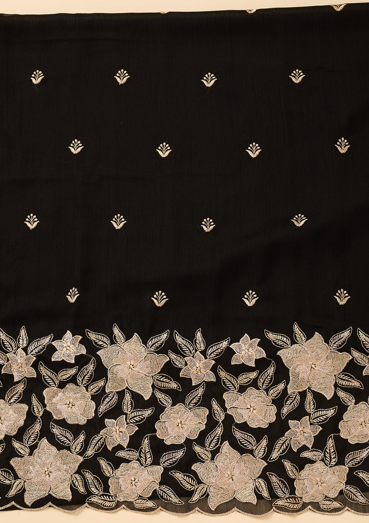 Black Chinon Threadwork Unstitched Dress Material With Matching Bottom And Dupatta