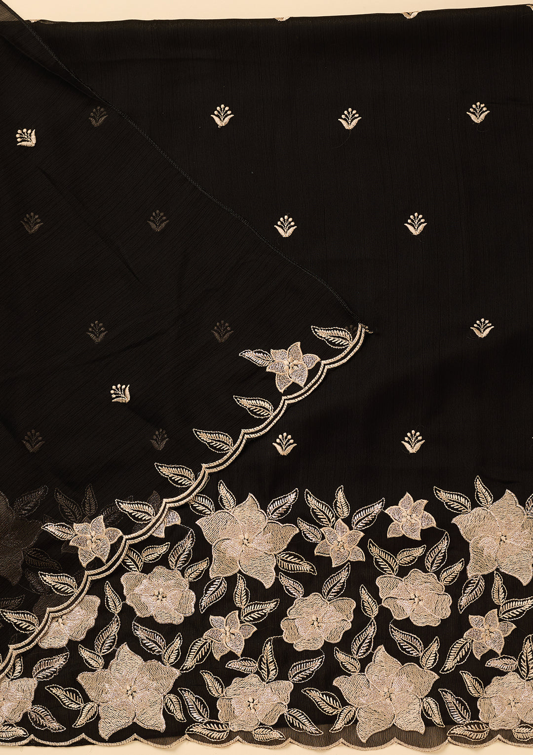 Black Chinon Threadwork Unstitched Dress Material With Matching Bottom And Dupatta