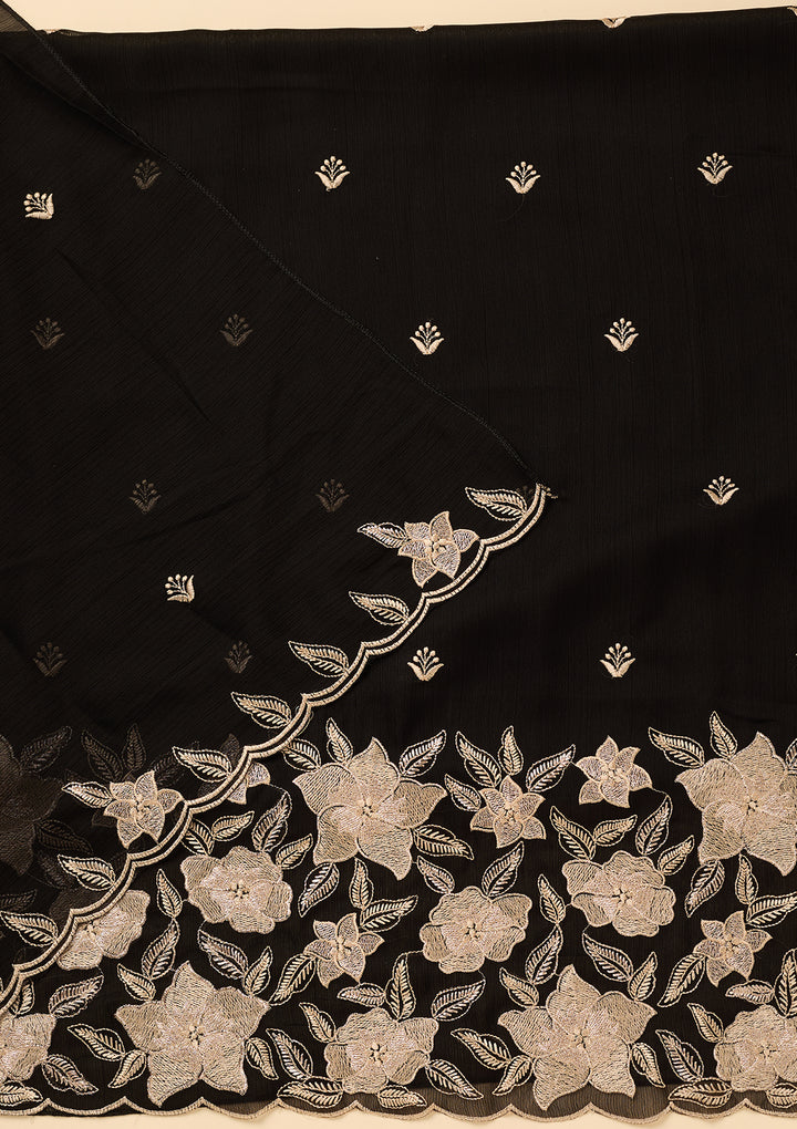 Black Chinon Threadwork Unstitched Dress Material With Matching Bottom And Dupatta