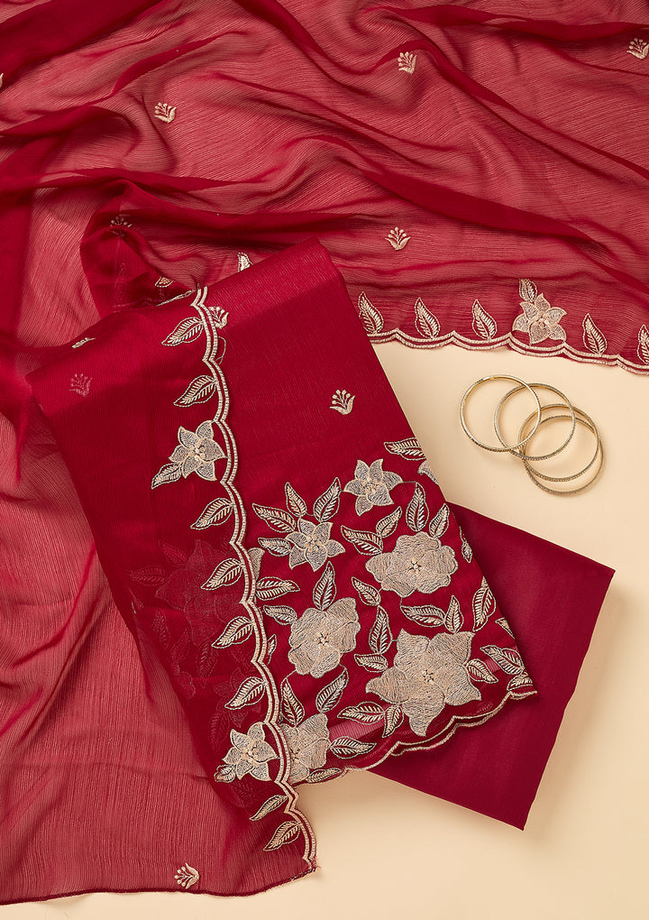 Maroon Chinon Threadwork Unstitched Dress Material With Matching Bottom And Dupatta
