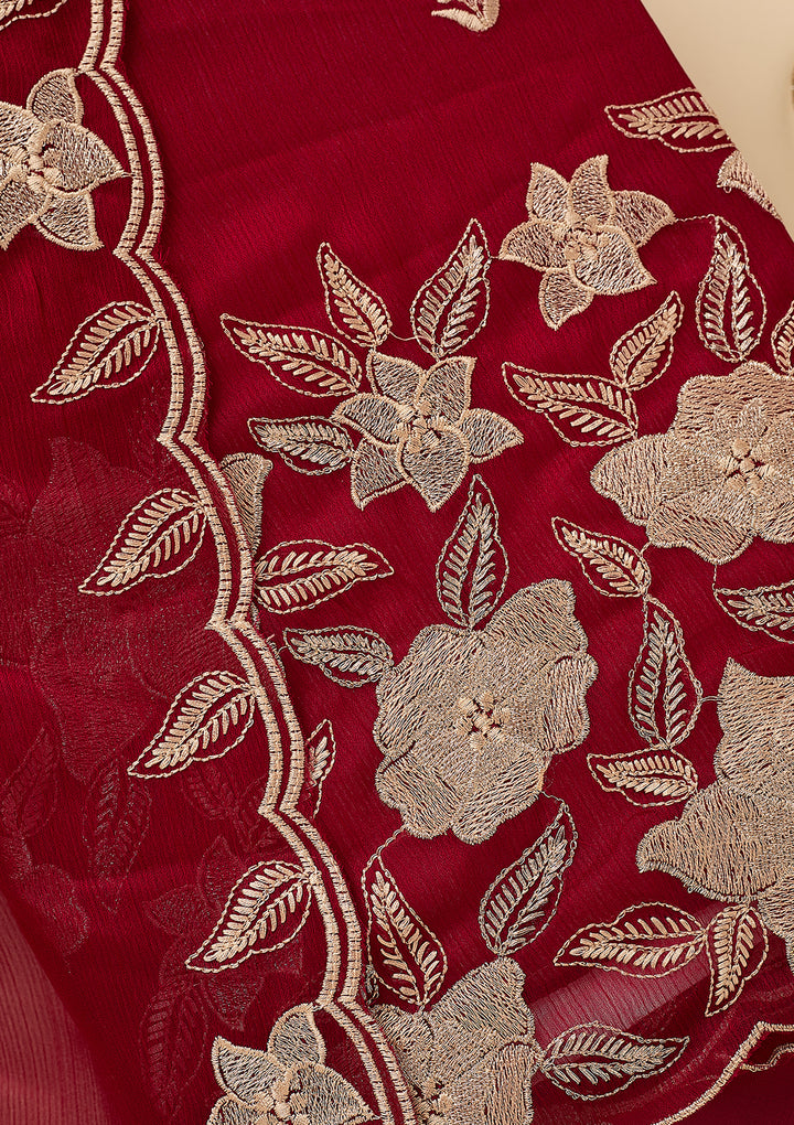 Maroon Chinon Threadwork Unstitched Dress Material With Matching Bottom And Dupatta