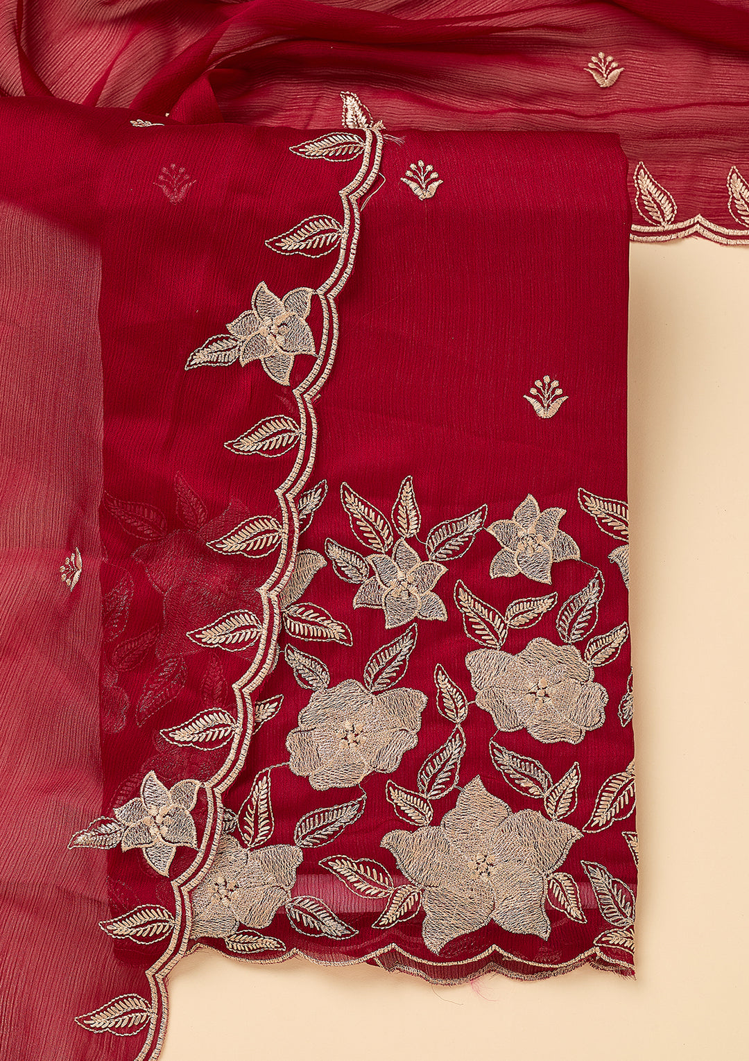 Maroon Chinon Threadwork Unstitched Dress Material With Matching Bottom And Dupatta
