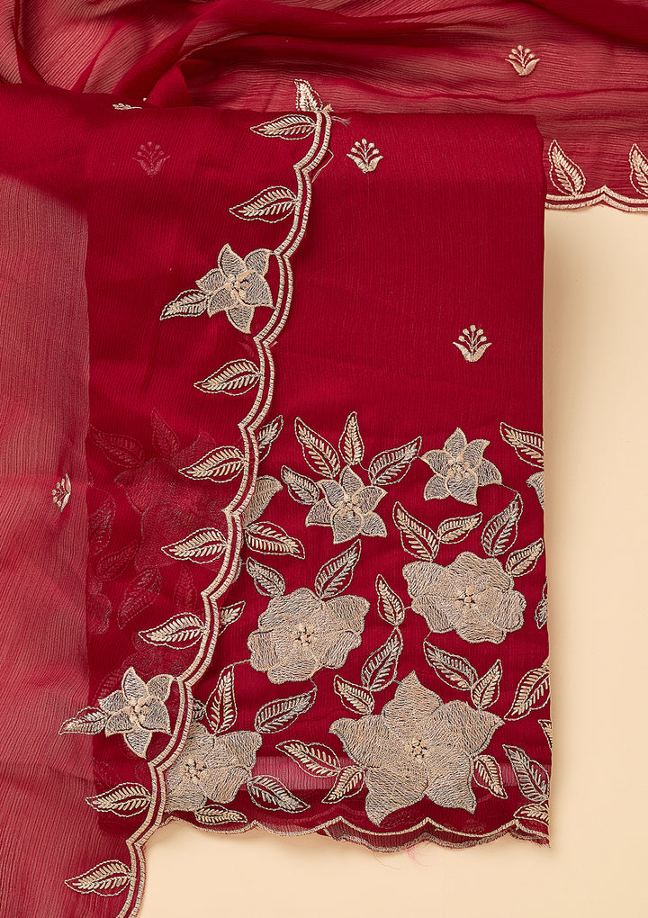Maroon Chinon Threadwork Unstitched Dress Material With Matching Bottom And Dupatta