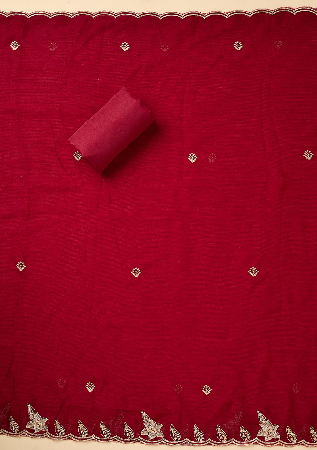 Maroon Chinon Threadwork Unstitched Dress Material With Matching Bottom And Dupatta