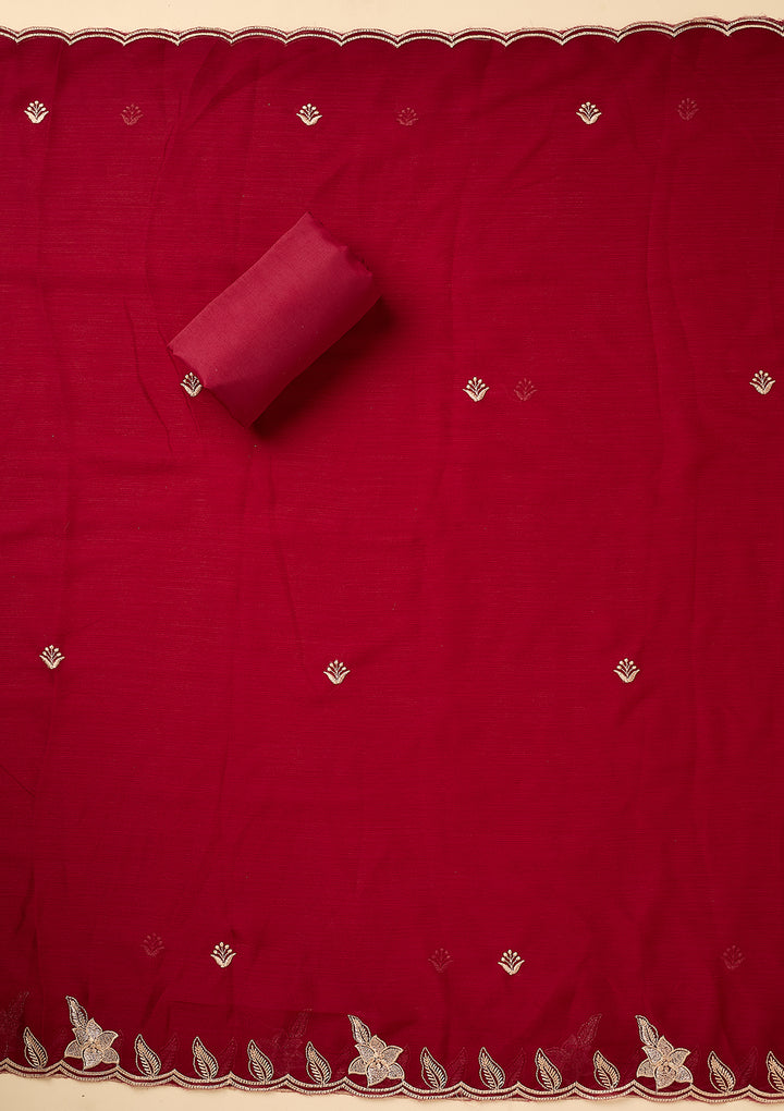 Maroon Chinon Threadwork Unstitched Dress Material With Matching Bottom And Dupatta