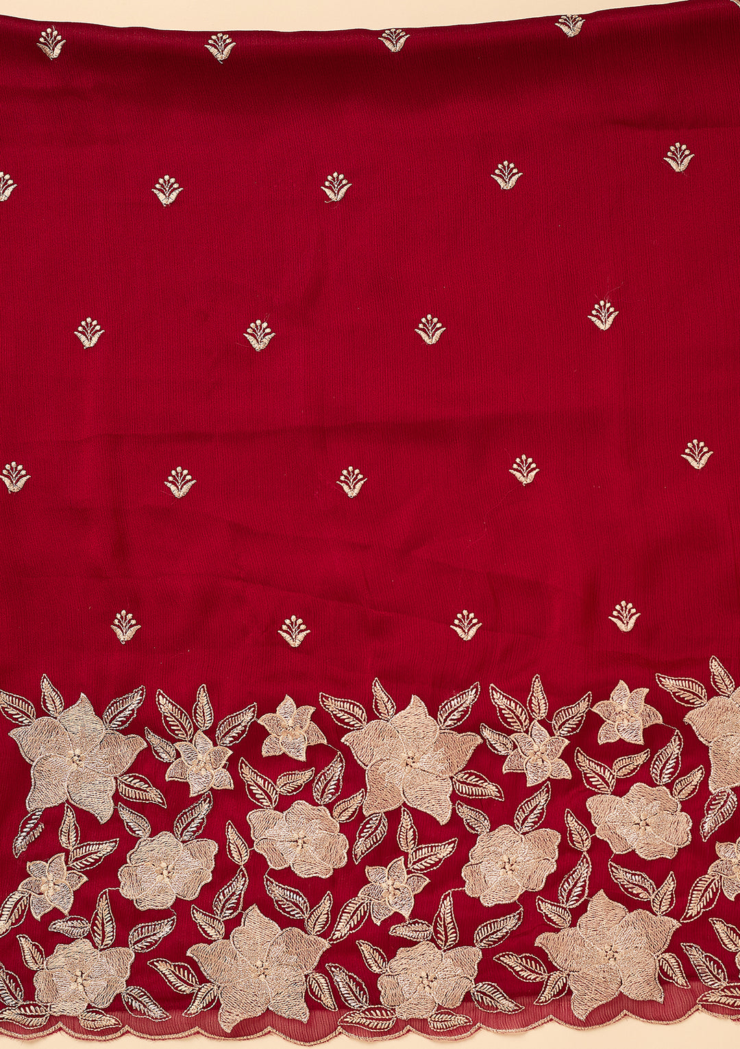 Maroon Chinon Threadwork Unstitched Dress Material With Matching Bottom And Dupatta