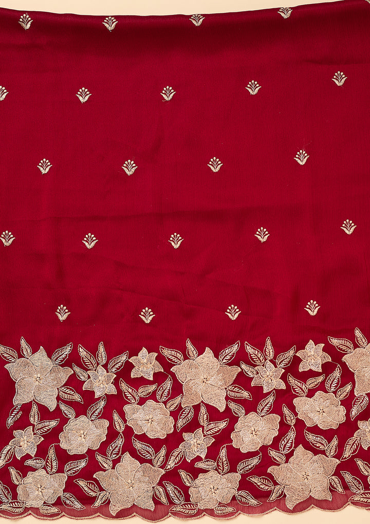 Maroon Chinon Threadwork Unstitched Dress Material With Matching Bottom And Dupatta