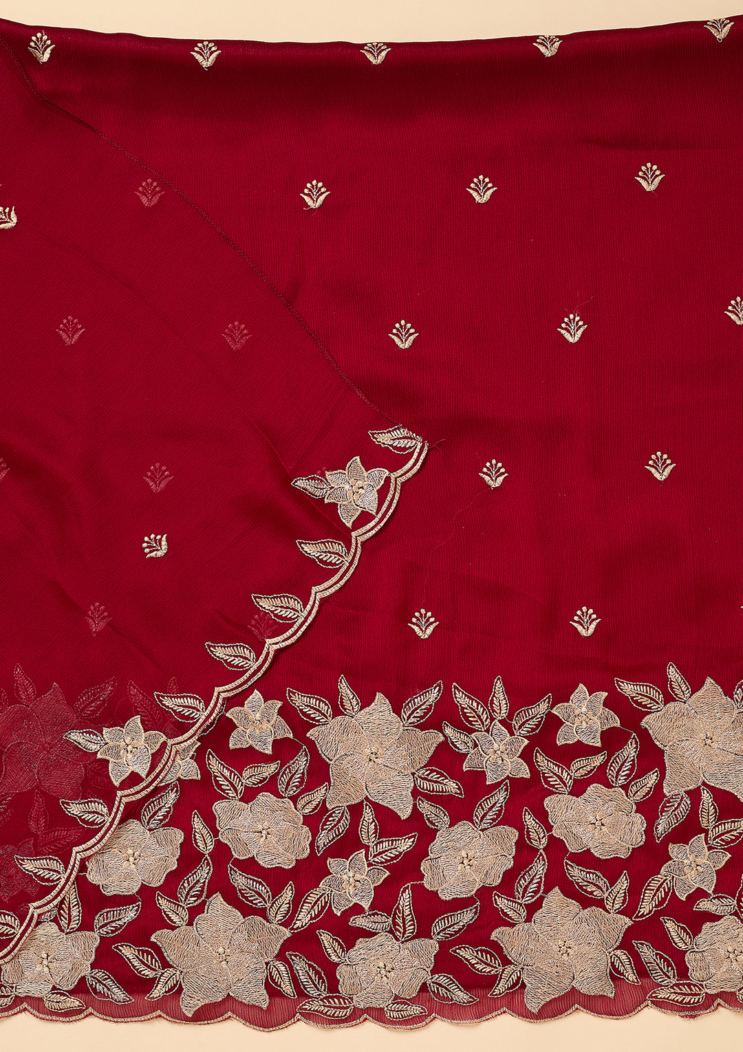 Maroon Chinon Threadwork Unstitched Dress Material With Matching Bottom And Dupatta