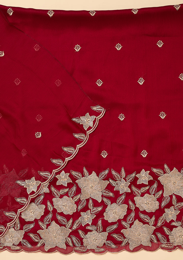 Maroon Chinon Threadwork Unstitched Dress Material With Matching Bottom And Dupatta