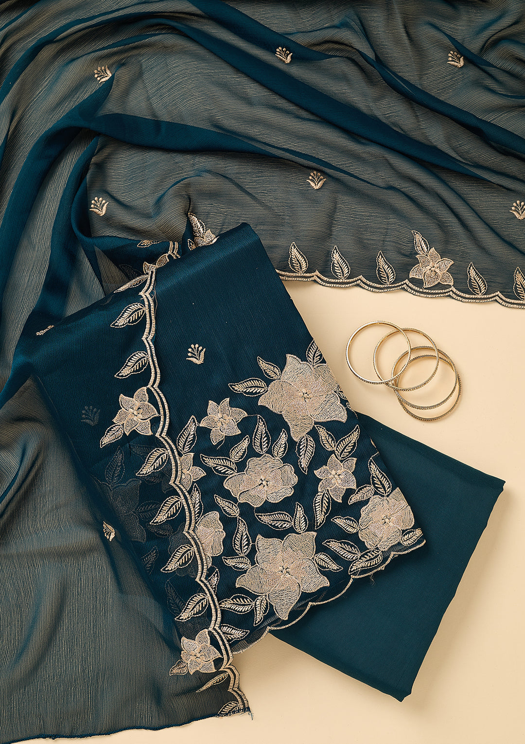 Peacock Blue Chinon Threadwork Unstitched Dress Material With Matching Bottom And Dupatta
