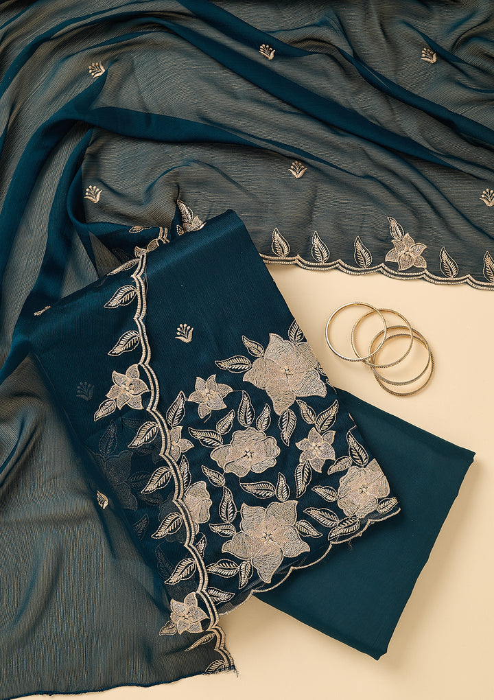 Peacock Blue Chinon Threadwork Unstitched Dress Material With Matching Bottom And Dupatta