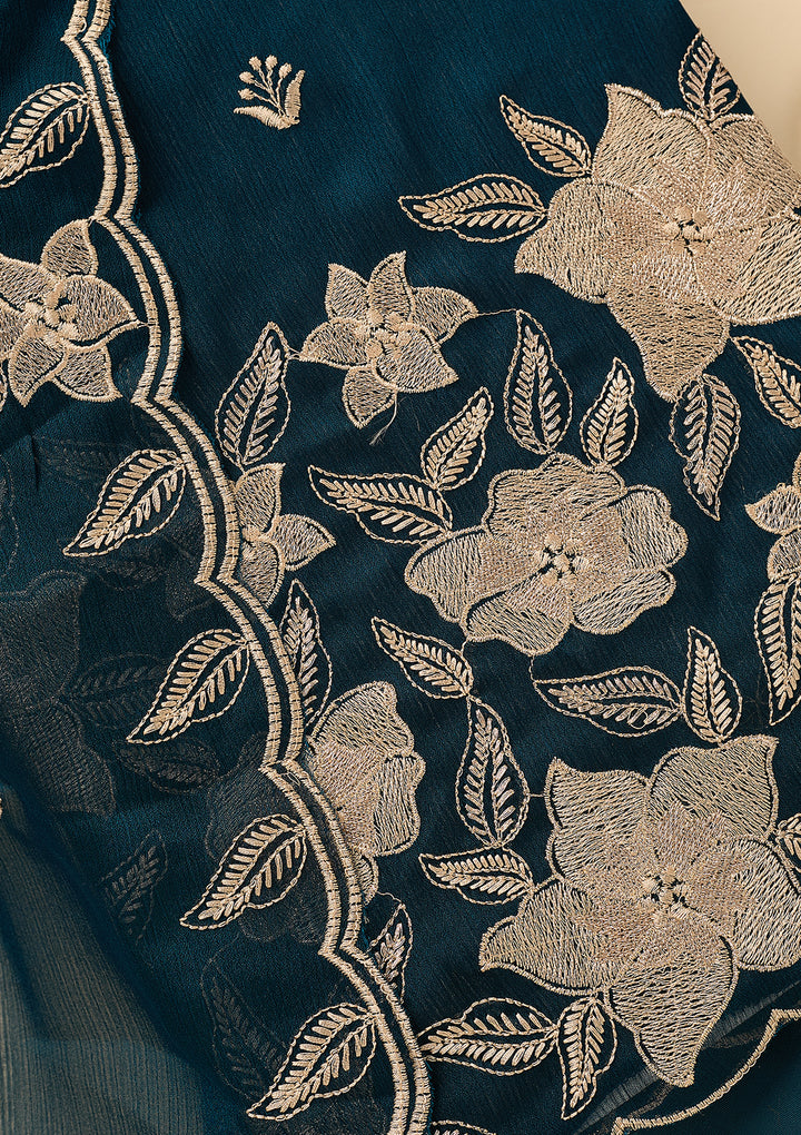 Peacock Blue Chinon Threadwork Unstitched Dress Material With Matching Bottom And Dupatta