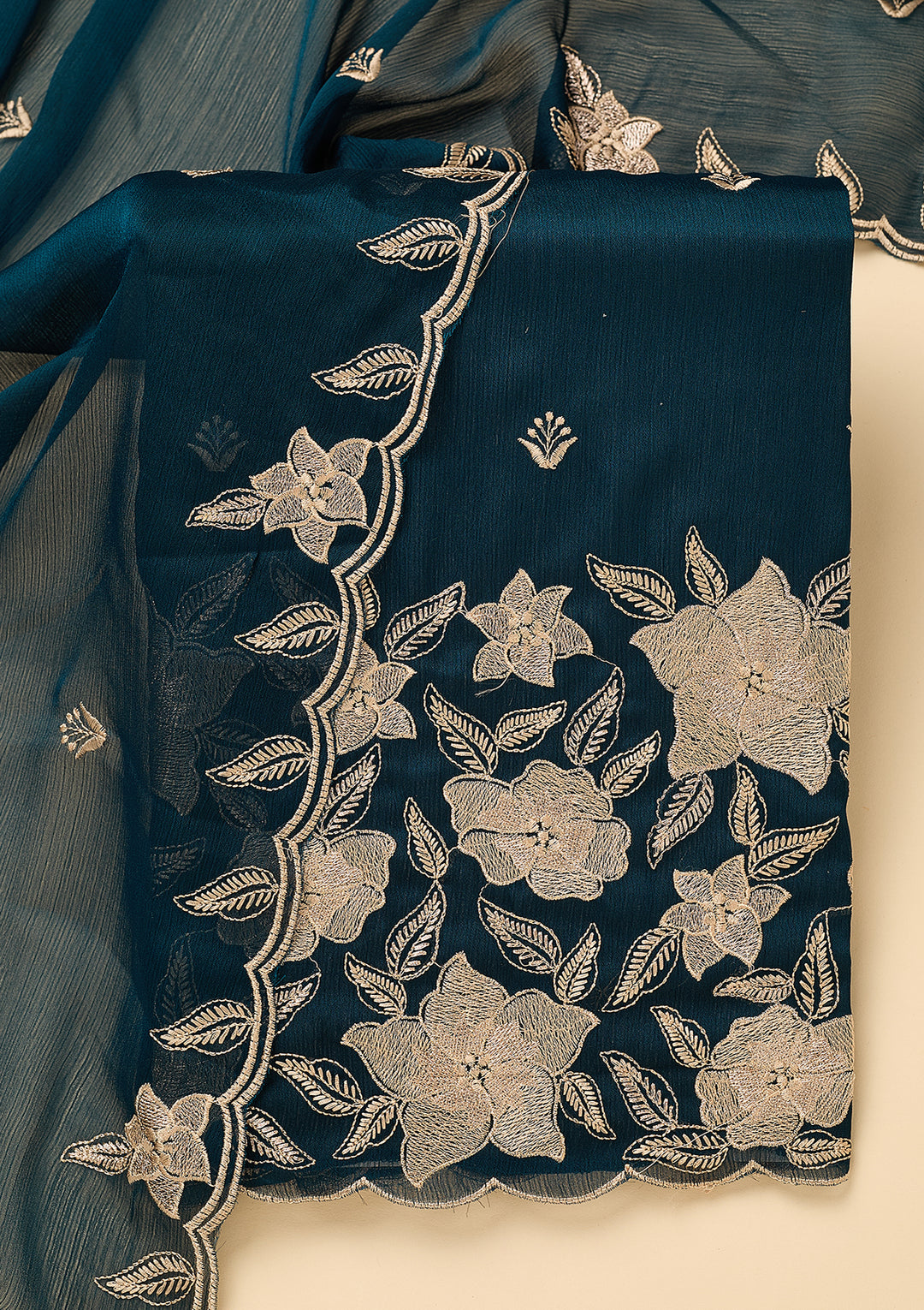 Peacock Blue Chinon Threadwork Unstitched Dress Material With Matching Bottom And Dupatta