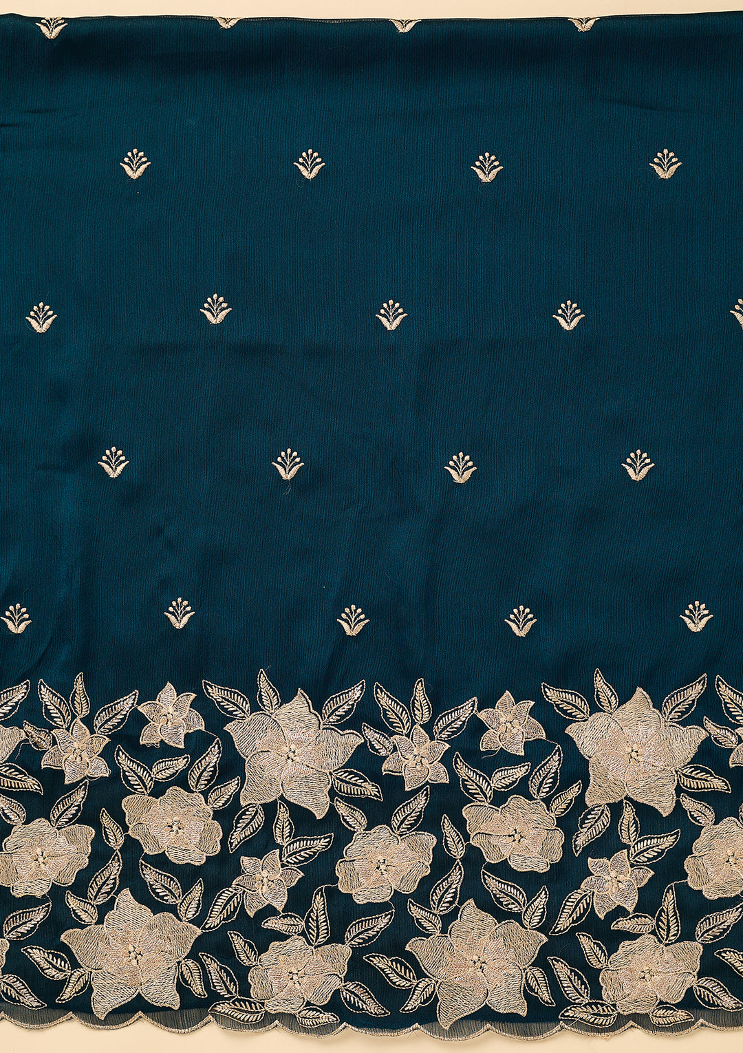 Peacock Blue Chinon Threadwork Unstitched Dress Material With Matching Bottom And Dupatta