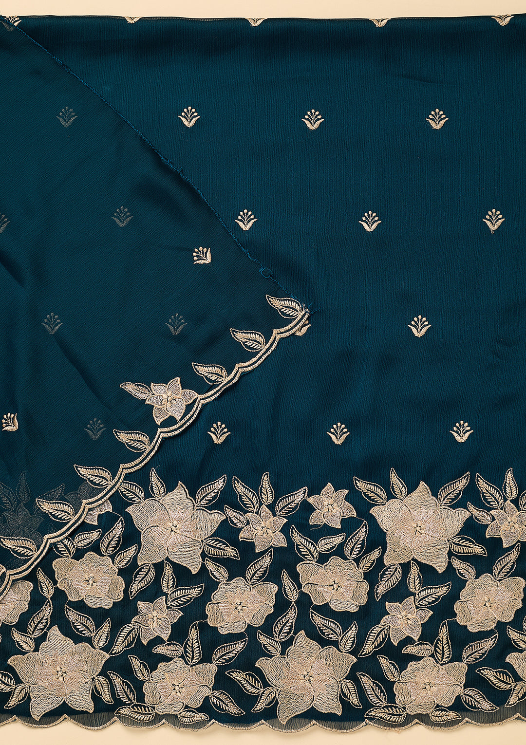 Peacock Blue Chinon Threadwork Unstitched Dress Material With Matching Bottom And Dupatta