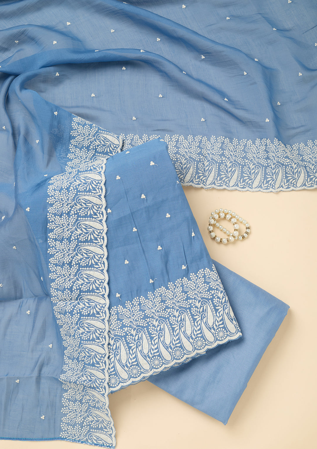 Blue Threadwork Chanderi Unstitched Salwar Suit