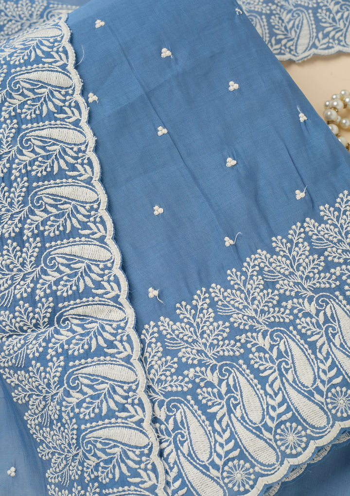 Blue Threadwork Chanderi Unstitched Salwar Suit