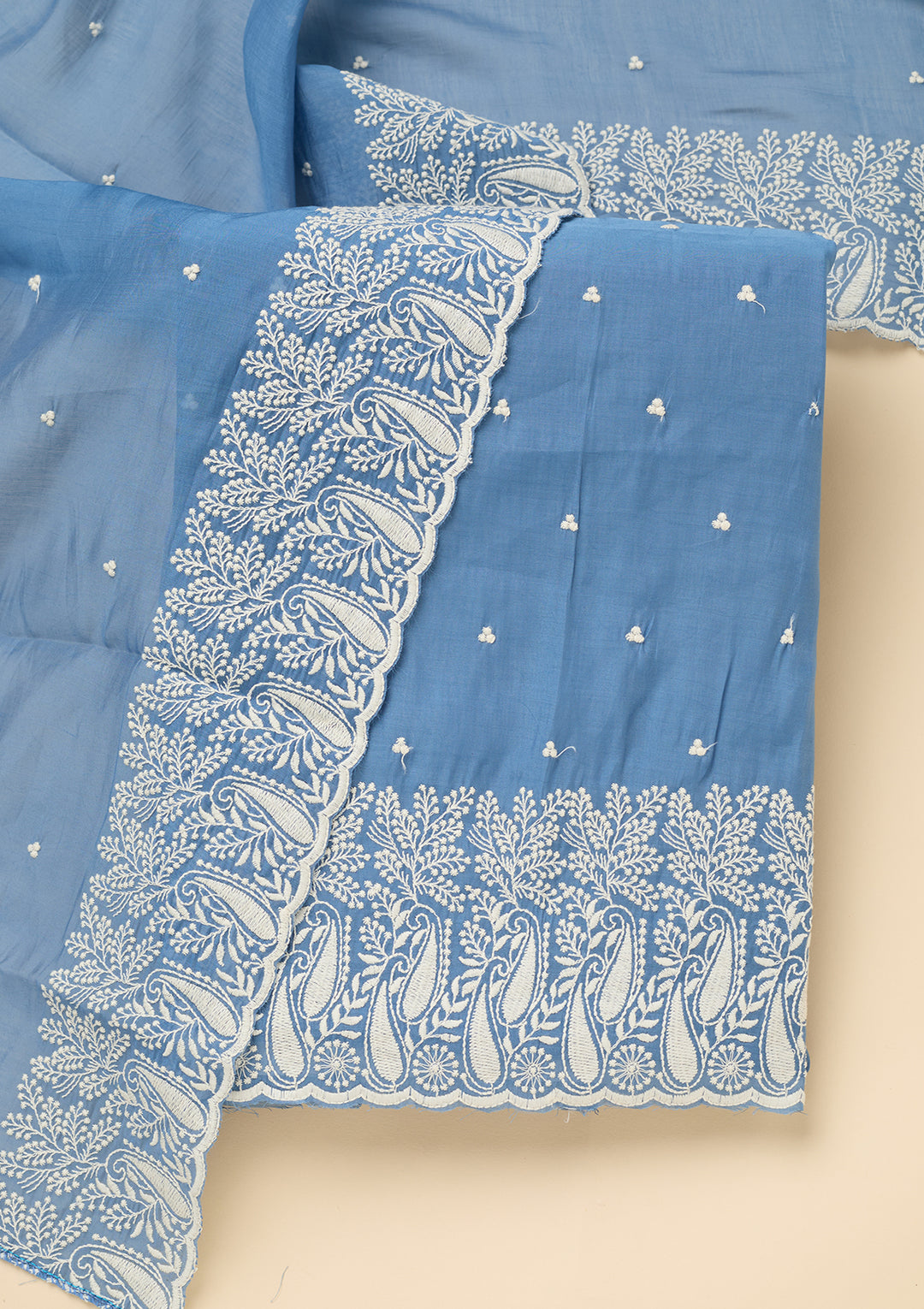 Blue Threadwork Chanderi Unstitched Salwar Suit