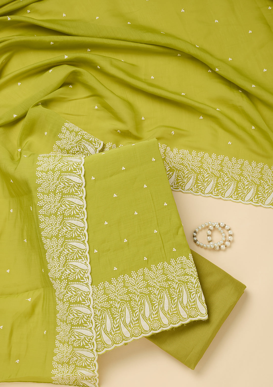 Lime Green Threadwork Chanderi Unstitched Salwar Suit