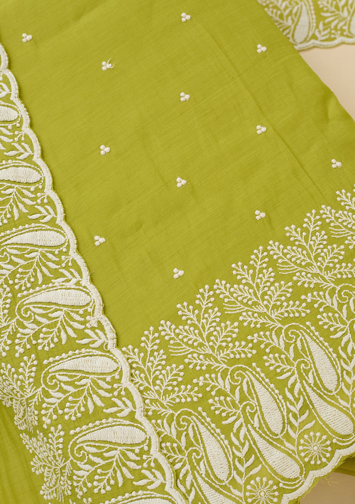Lime Green Threadwork Chanderi Unstitched Salwar Suit