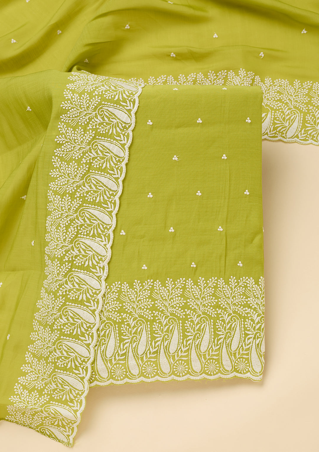 Lime Green Threadwork Chanderi Unstitched Salwar Suit