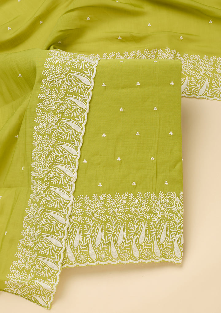 Lime Green Threadwork Chanderi Unstitched Salwar Suit