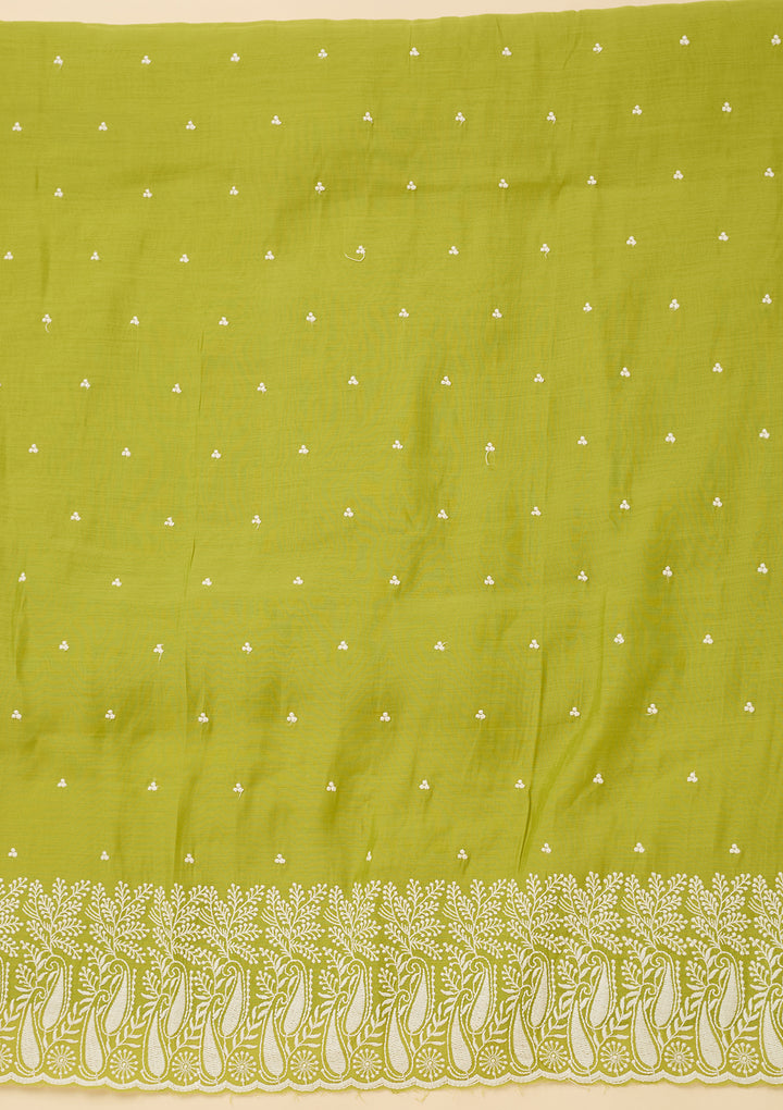 Lime Green Threadwork Chanderi Unstitched Salwar Suit