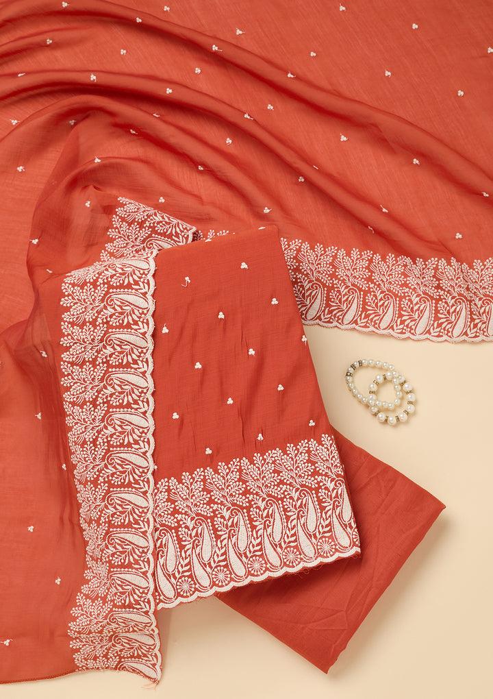 Rust Threadwork Chanderi Unstitched Salwar Suit