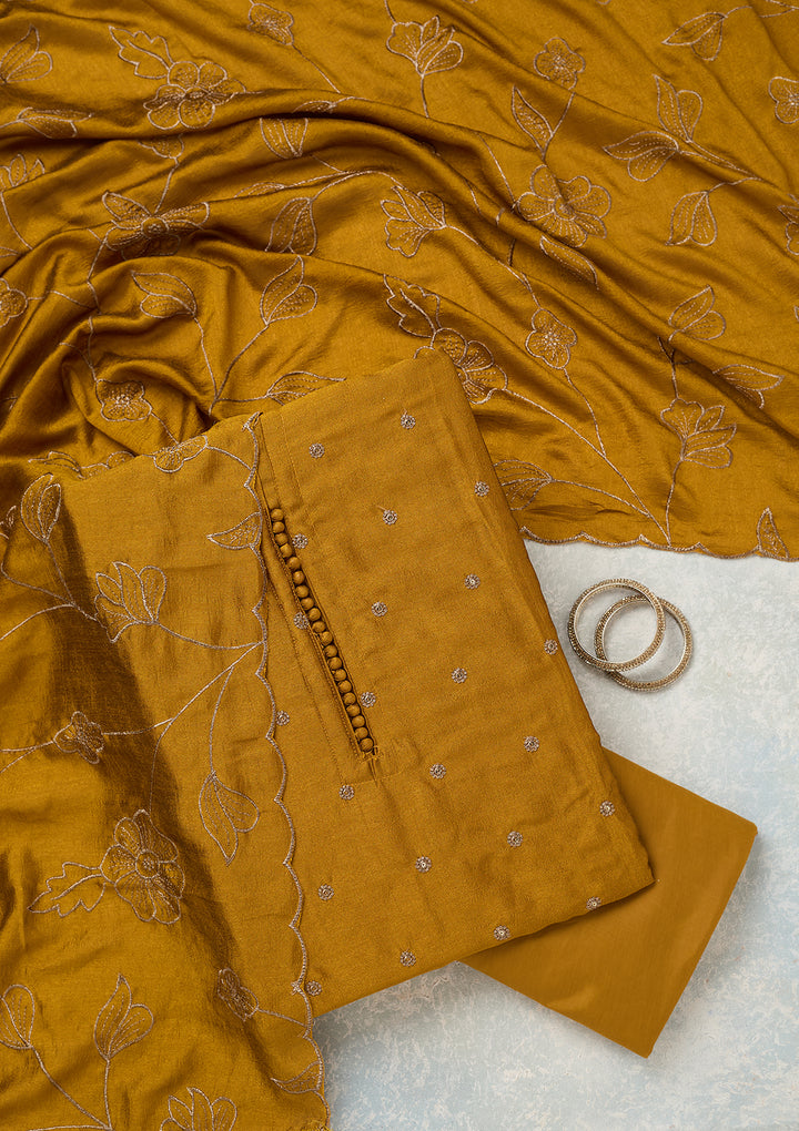 Mustard Zariwork (Gold) Soft Raw Silk Unstitched Salwar Suit