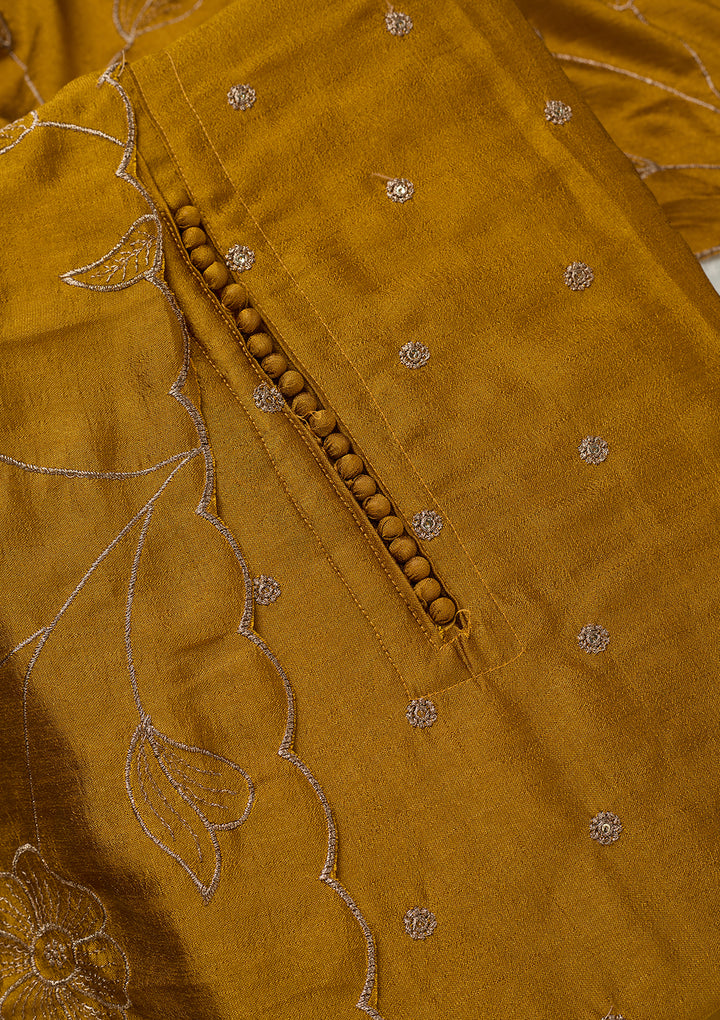 Mustard Zariwork (Gold) Soft Raw Silk Unstitched Salwar Suit