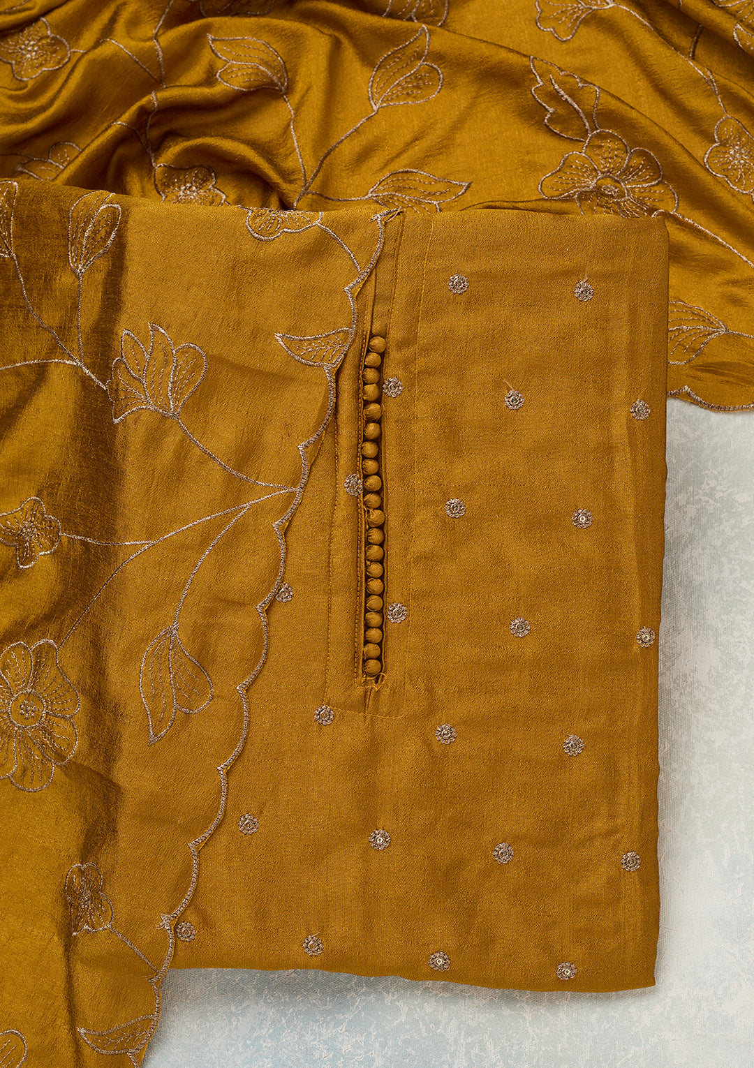 Mustard Zariwork (Gold) Soft Raw Silk Unstitched Salwar Suit