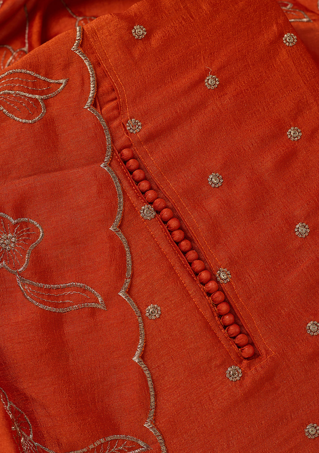 Orange Soft Raw Silk Gold Zariwork Unstitched Dress Material With Matching Bottom And Dupatta