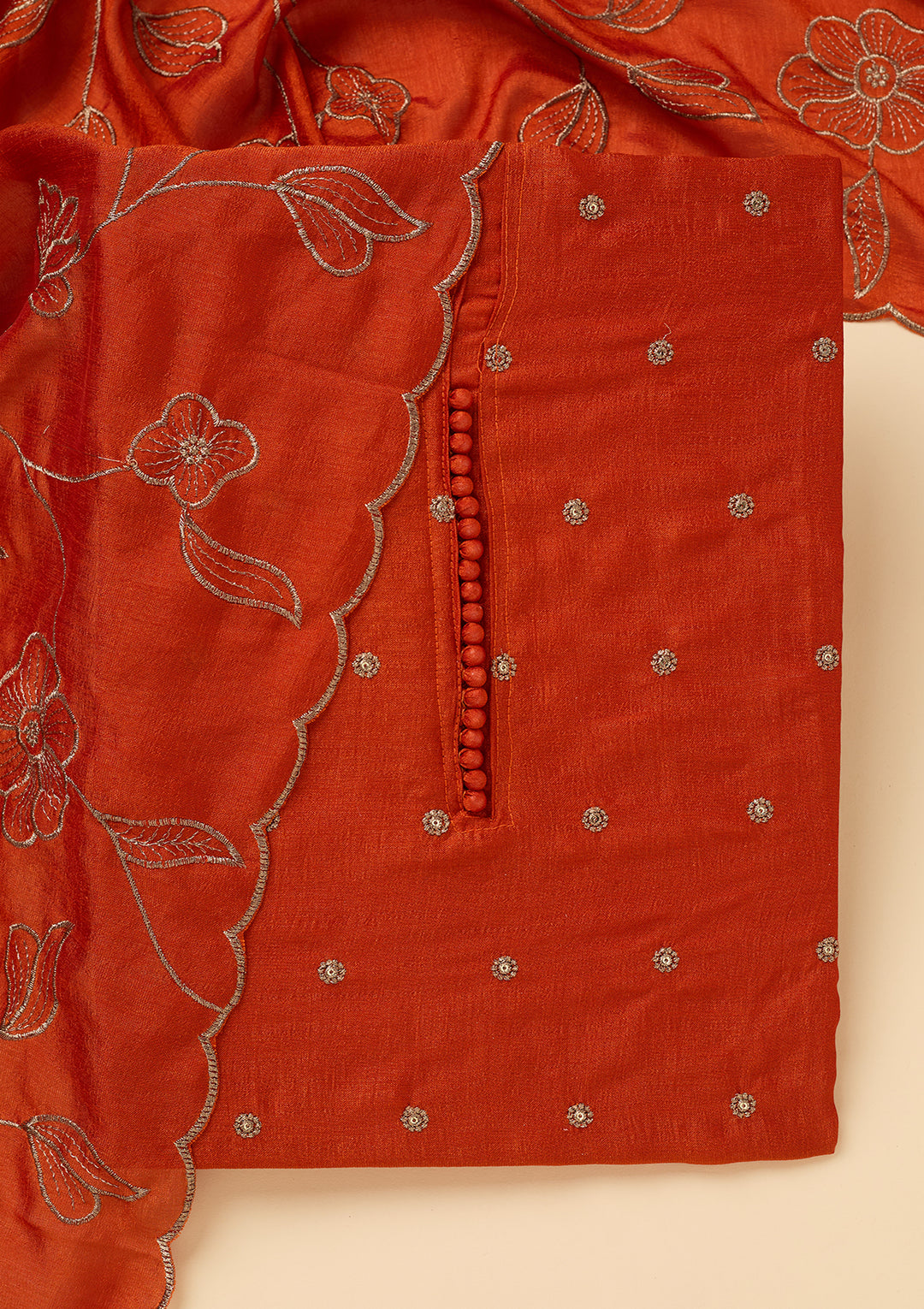Orange Soft Raw Silk Gold Zariwork Unstitched Dress Material With Matching Bottom And Dupatta