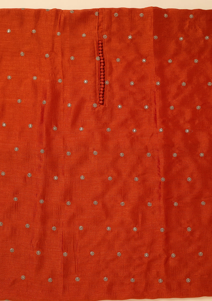Orange Soft Raw Silk Gold Zariwork Unstitched Dress Material With Matching Bottom And Dupatta