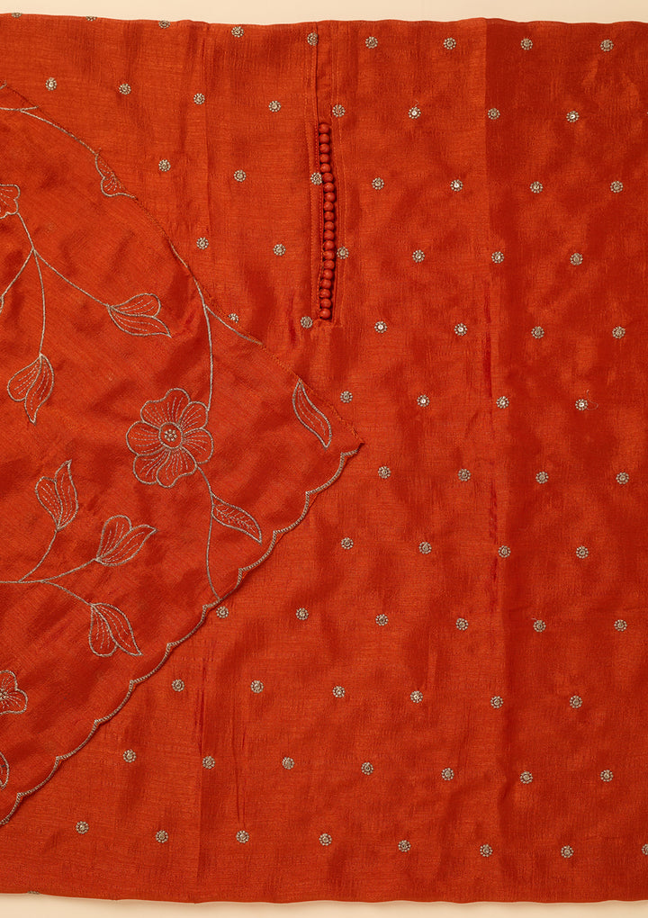 Orange Soft Raw Silk Gold Zariwork Unstitched Dress Material With Matching Bottom And Dupatta
