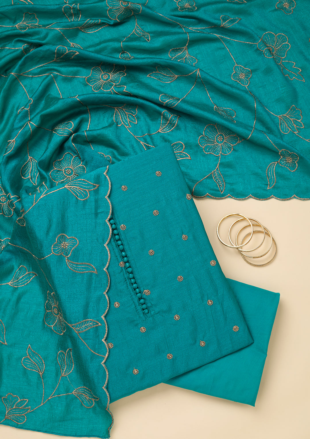 Peacock Green Zariwork (Gold) Soft Raw Silk Unstitched Salwar Suit