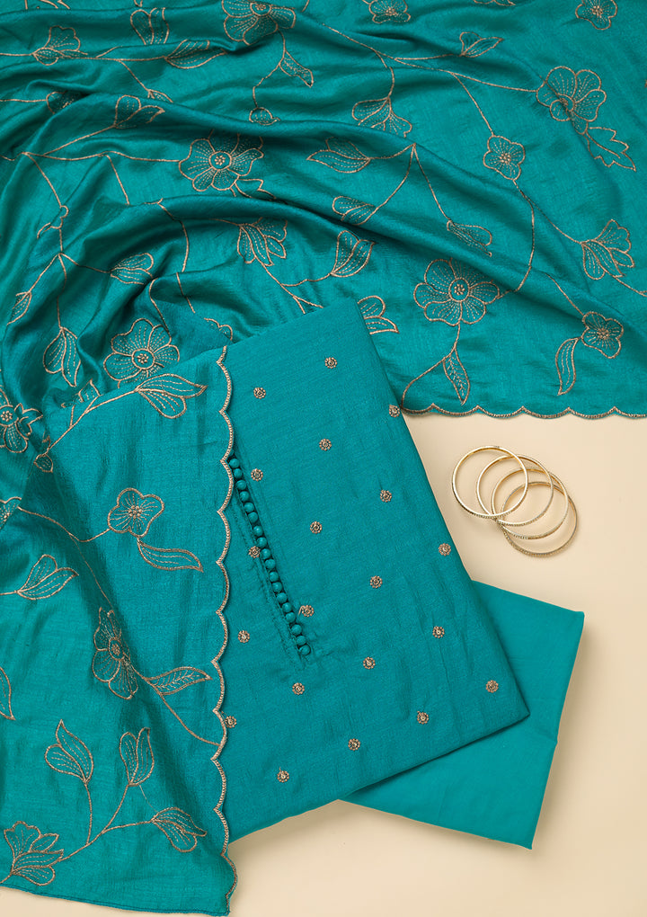 Peacock Green Zariwork (Gold) Soft Raw Silk Unstitched Salwar Suit