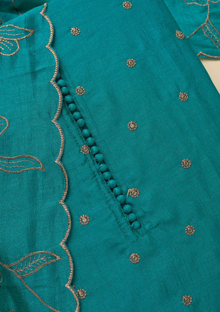 Peacock Green Zariwork (Gold) Soft Raw Silk Unstitched Salwar Suit