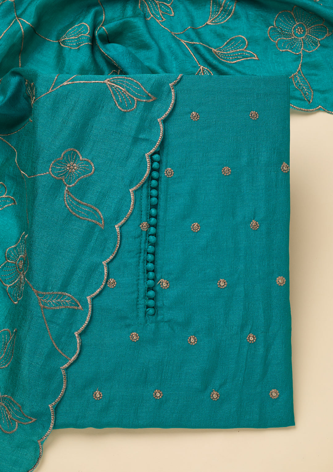 Peacock Green Zariwork (Gold) Soft Raw Silk Unstitched Salwar Suit