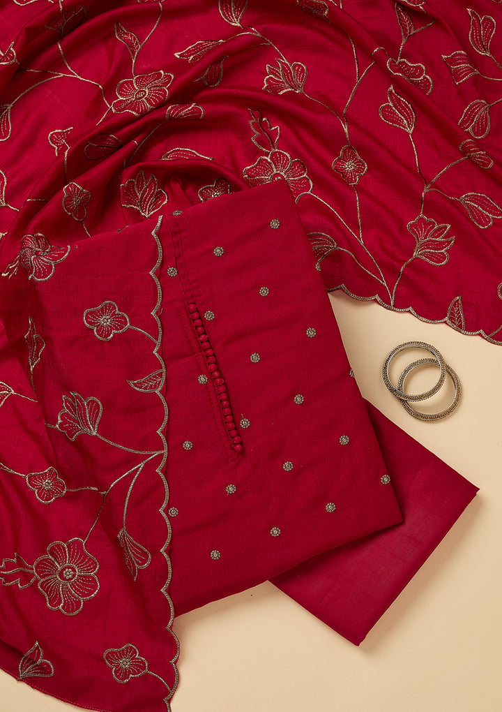 Rani Pink Soft Raw Silk Gold Zariwork Unstitched Dress Material With Matching Bottom And Dupatta