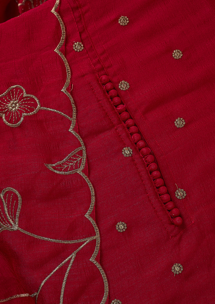 Rani Pink Soft Raw Silk Gold Zariwork Unstitched Dress Material With Matching Bottom And Dupatta