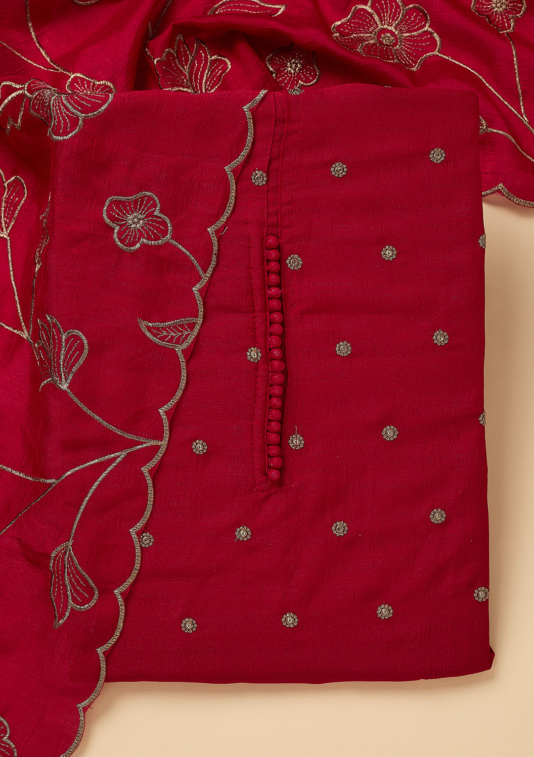 Rani Pink Soft Raw Silk Gold Zariwork Unstitched Dress Material With Matching Bottom And Dupatta