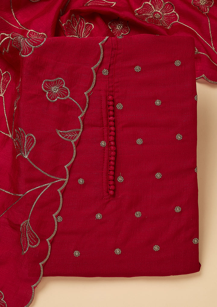 Rani Pink Soft Raw Silk Gold Zariwork Unstitched Dress Material With Matching Bottom And Dupatta