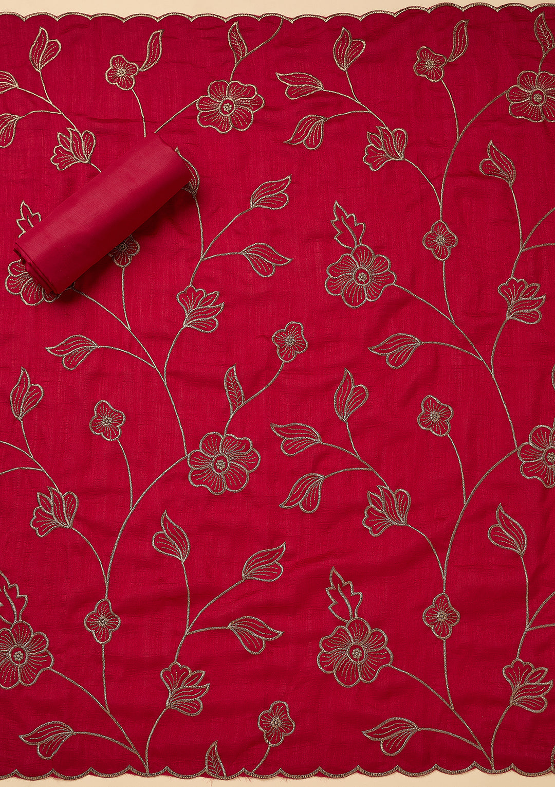 Rani Pink Soft Raw Silk Gold Zariwork Unstitched Dress Material With Matching Bottom And Dupatta